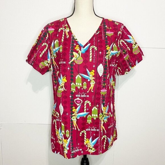 NWOT Disney Christmas Red Tinkerbell Print Scrubs Uniform Short Sleeve Sz Medium - Picture 1 of 6